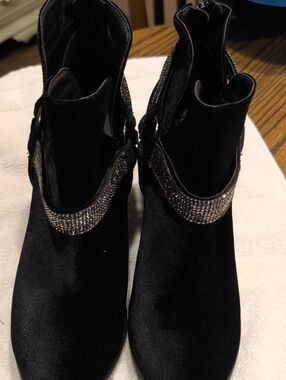 Not Rated Black Velvet Ankle Boots with Rhinestone Strap